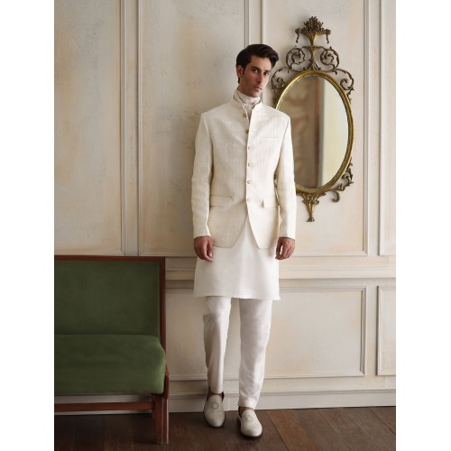 ZGMP3500 Off-White Embroidered Raw Silk Prince Coat