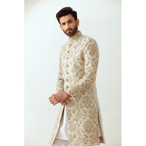 ZGMS3025 Off White Karandi Atlas Sherwani