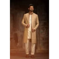 ZGMS3027 Antique Gold Embroidered Raw Silk Sherwani
