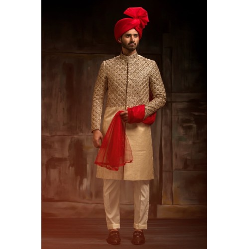 ZGMS3028 Crayola Peach Jamawar Sherwani ZGMS3028 Crayola Peach Jamawar Sherwani