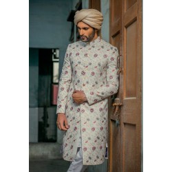 ZGMS3031 Mint Cream Raw Silk Sherwani
