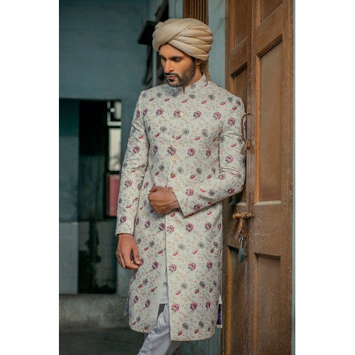 ZGMS3031 Mint Cream Raw Silk Sherwani