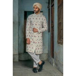 ZGMS3031 Mint Cream Raw Silk Sherwani