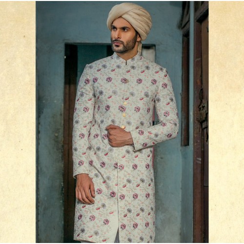 ZGMS3031 Mint Cream Raw Silk Sherwani