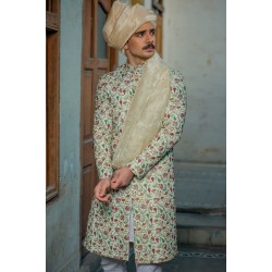 ZGMS3032 Light Celadon Raw Silk Sherwani