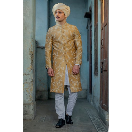 ZGMS3035 Dusty Gold Raw Silk Sherwani