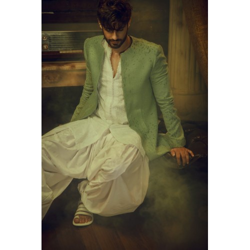 ZGMS3040 Asparagus Self Karandi Atlas Sherwani