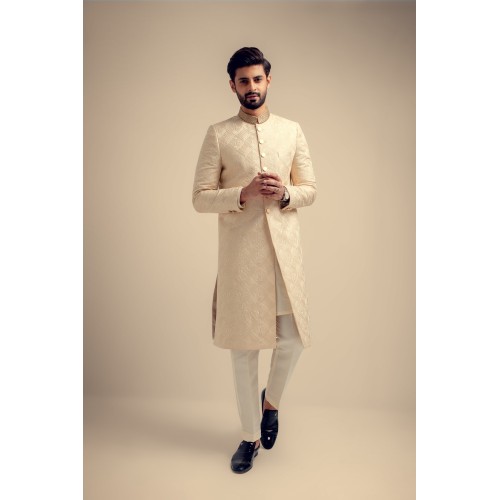 ZGMS3045 Ivory Embroidered Raw Silk Sherwani