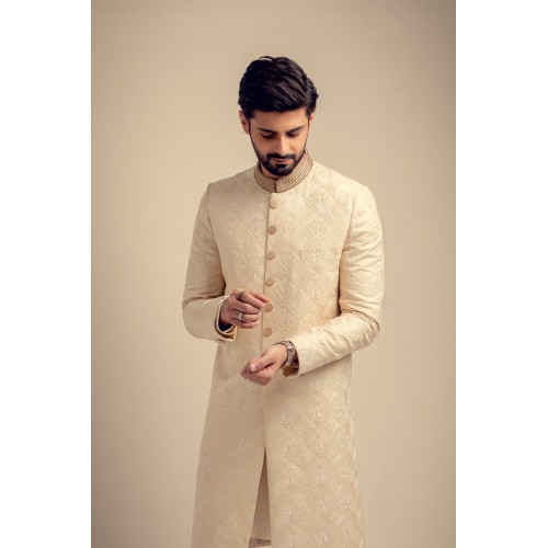 ZGMS3045 Ivory Embroidered Raw Silk Sherwani