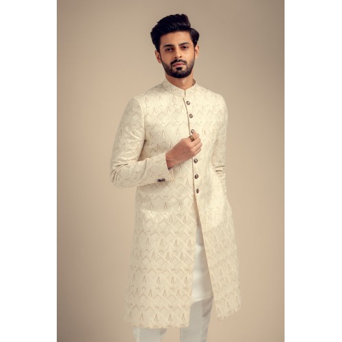 ZGMS3046 Off-White Embroidered Raw Silk Sherwani
