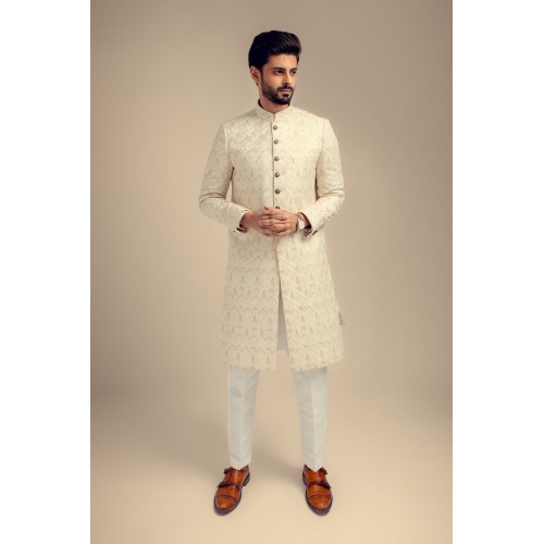 ZGMS3046 Off-White Embroidered Raw Silk Sherwani