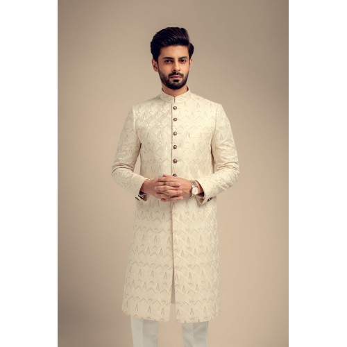 ZGMS3046 Off-White Embroidered Raw Silk Sherwani
