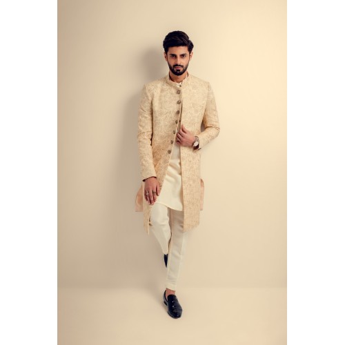 ZGMS3047 Light Orange Raw Silk Sherwani