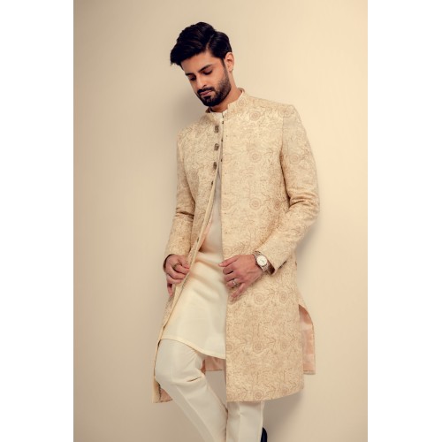 ZGMS3047 Light Orange Raw Silk Sherwani