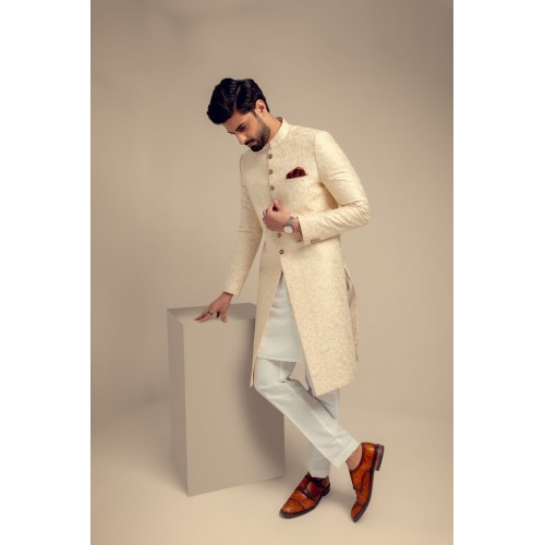ZGMS3049 Off-White Embroidered Raw Silk Sherwani