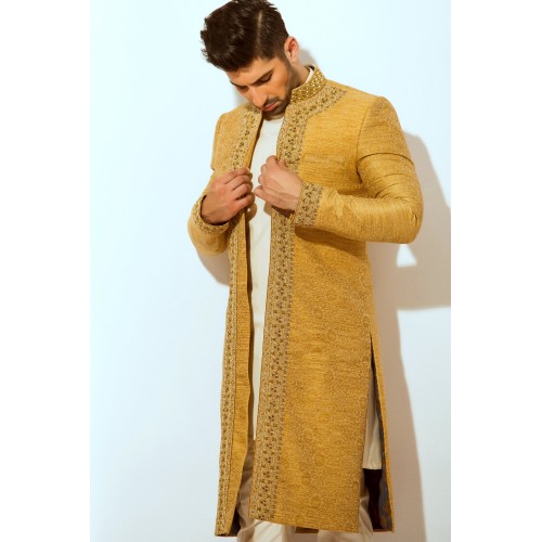 ZGMS3052 Harvest Gold Jamawar Atlas Sherwani ZGMS3052 Harvest Gold Jamawar Atlas Sherwani
