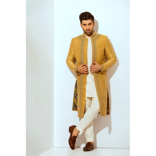 ZGMS3052 Harvest Gold Jamawar Atlas Sherwani ZGMS3052 Harvest Gold Jamawar Atlas Sherwani