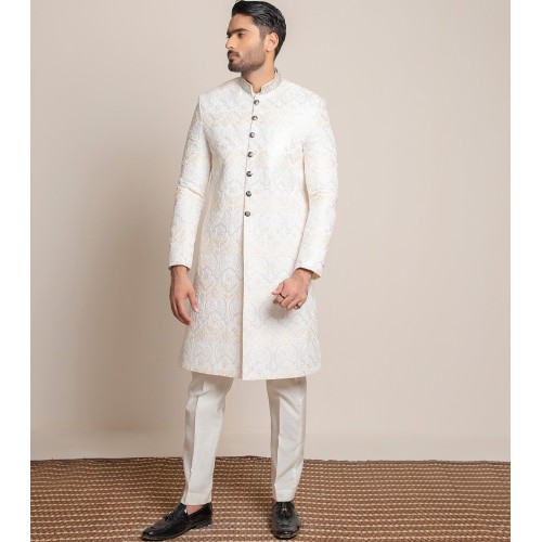 ZGMS3064 White Raw Silk Sherwani
