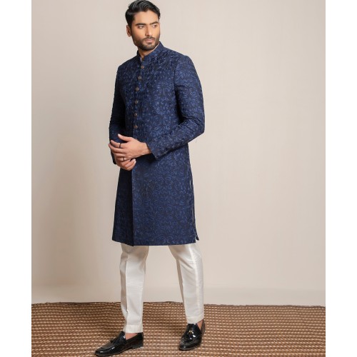 ZGMS3066 Oxford Blue Raw Silk Sherwani