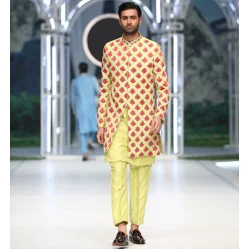 ZGMS3080 Pastel Yellow Raw Silk Sherwani