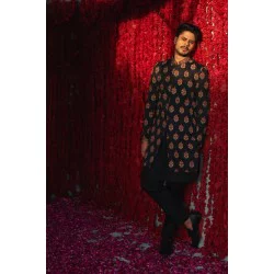 ZGMS3081 Black Raw Silk Sherwani