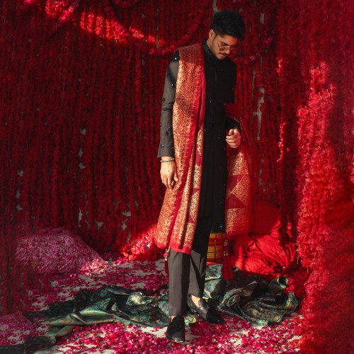 ZGMS3082 Black Raw Silk Sherwani