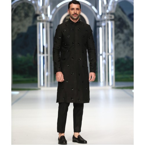 ZGMS3082 Black Raw Silk Sherwani