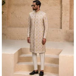 ZGMS3087 Champagne Pink Raw Silk Sherwani