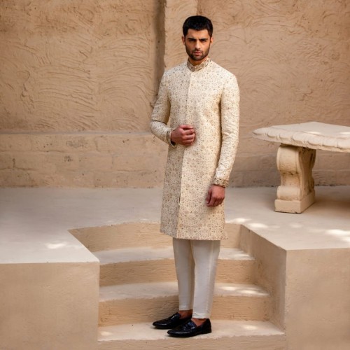 ZGMS3092 Off-White Raw Silk Sherwani