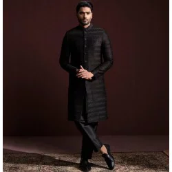 ZGMS3094 Black Raw Silk Sherwani