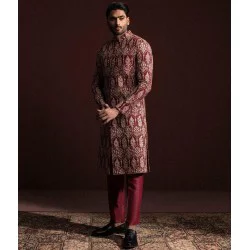 ZGMS3097 Maroon Raw Silk Sherwani