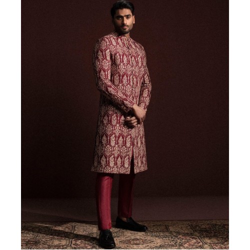 ZGMS3097 Maroon Raw Silk Sherwani ZGMS3097 Maroon Raw Silk Sherwani