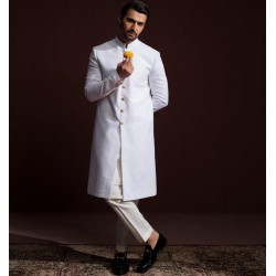 ZGMS3098 White Chickenkari Fabric Sherwani