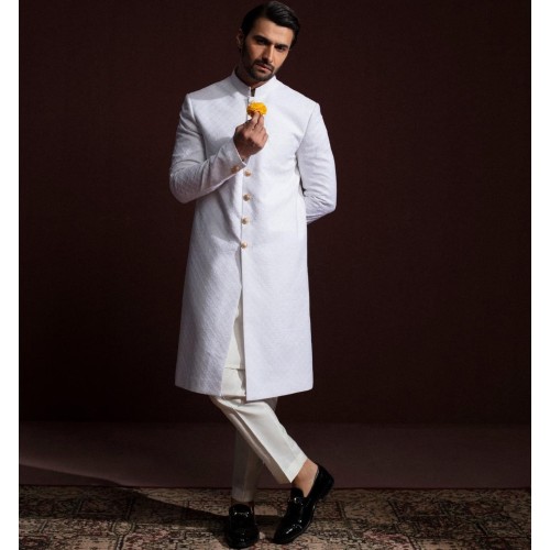 ZGMS3098 White Chickenkari Fabric Sherwani