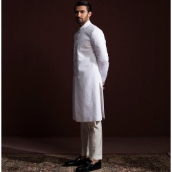 ZGMS3098 White Chickenkari Fabric Sherwani