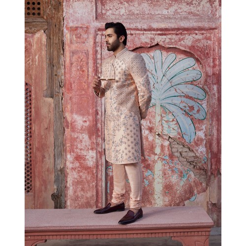 ZGMS3324 Misty Rose Raw Silk Sherwani