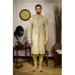 ZGMS3372 Straw Raw Silk Sherwani
