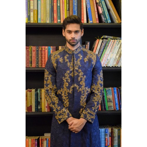 ZGMS3372 Space Cadet Raw Silk Sherwani