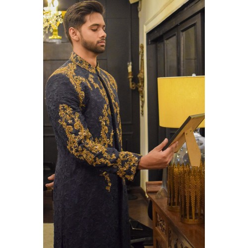 ZGMS3372 Space Cadet Raw Silk Sherwani