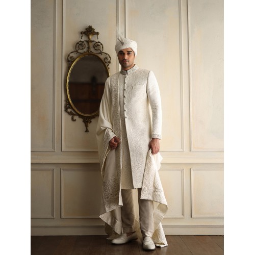 ZGMS3526 Off-White Raw Silk Sherwani