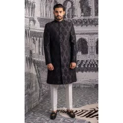 ZGMS3594 Black Raw Silk Sherwani