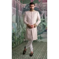 ZGMS3596 Ivory Pink Embroidered Raw Silk Sherwani