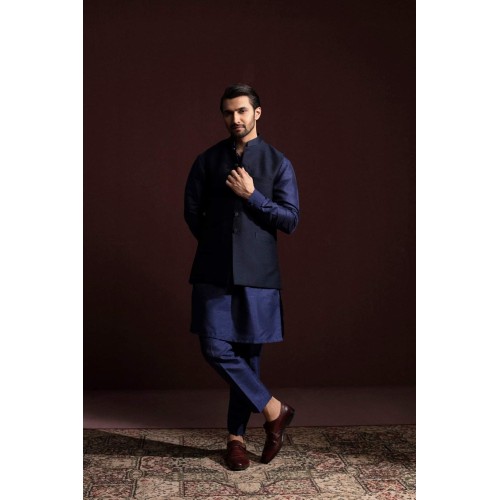 ZGMW3180 Navy Green Raw Silk Waistcoat