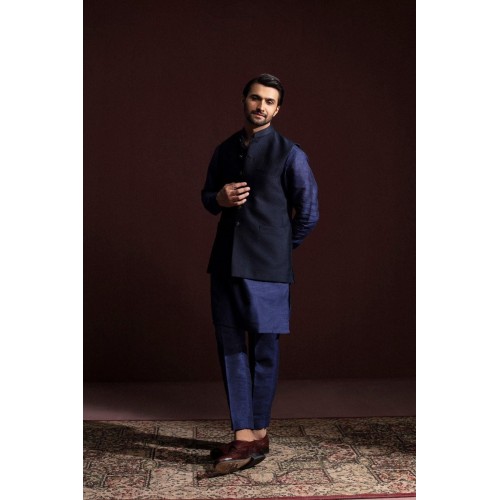 ZGMW3180 Navy Green Raw Silk Waistcoat