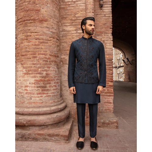 ZGMW3352 Dark Navy Ombre Raw Silk Waistcoat