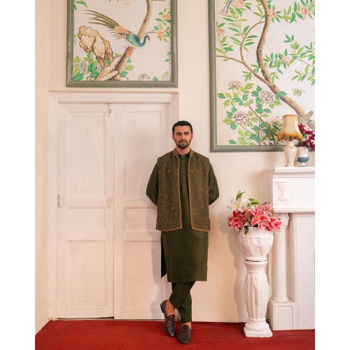 ZGMW3379 Olive Raw Silk Waistcoat