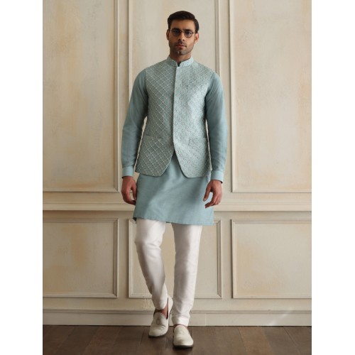 ZGMW3539 Gold Turquoise Raw Silk Waistcoat