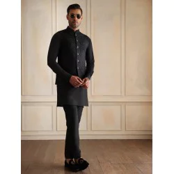 ZGMW3541 Black Embroidered Raw Silk Waistcoat