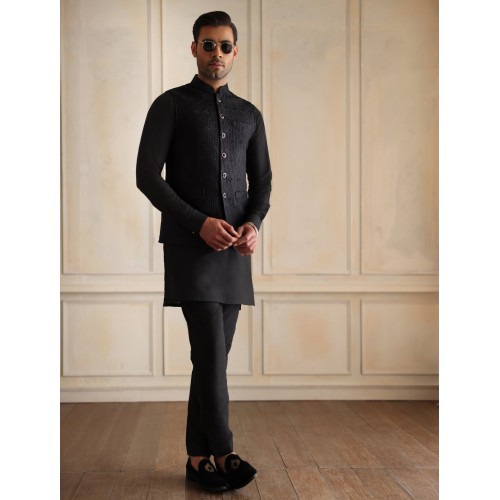 ZGMW3541 Black Embroidered Raw Silk Waistcoat