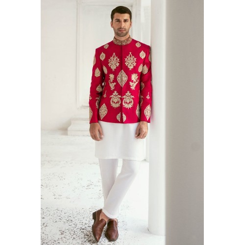 ZGMP1039 Crimson Glory Raw Silk Groom Prince Coat